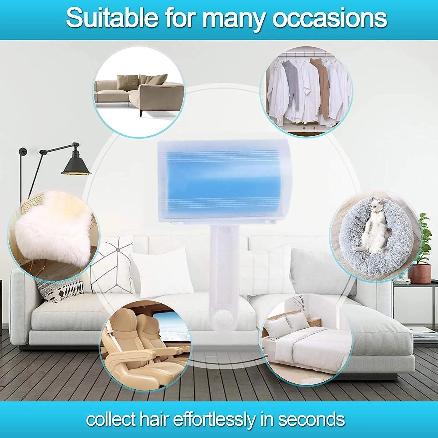 Blue reusable washable lint roller with cover for removing pet hair from clothes and sofas.