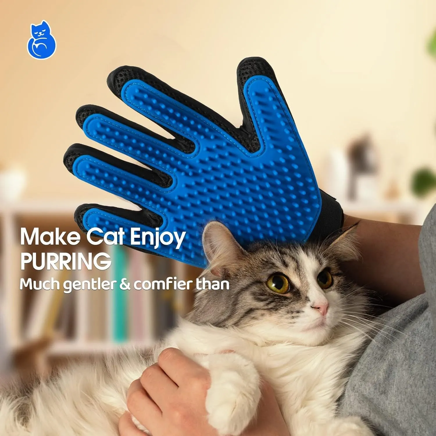 Blue pet grooming gloves with silicone grooming tips for dogs cats and horses