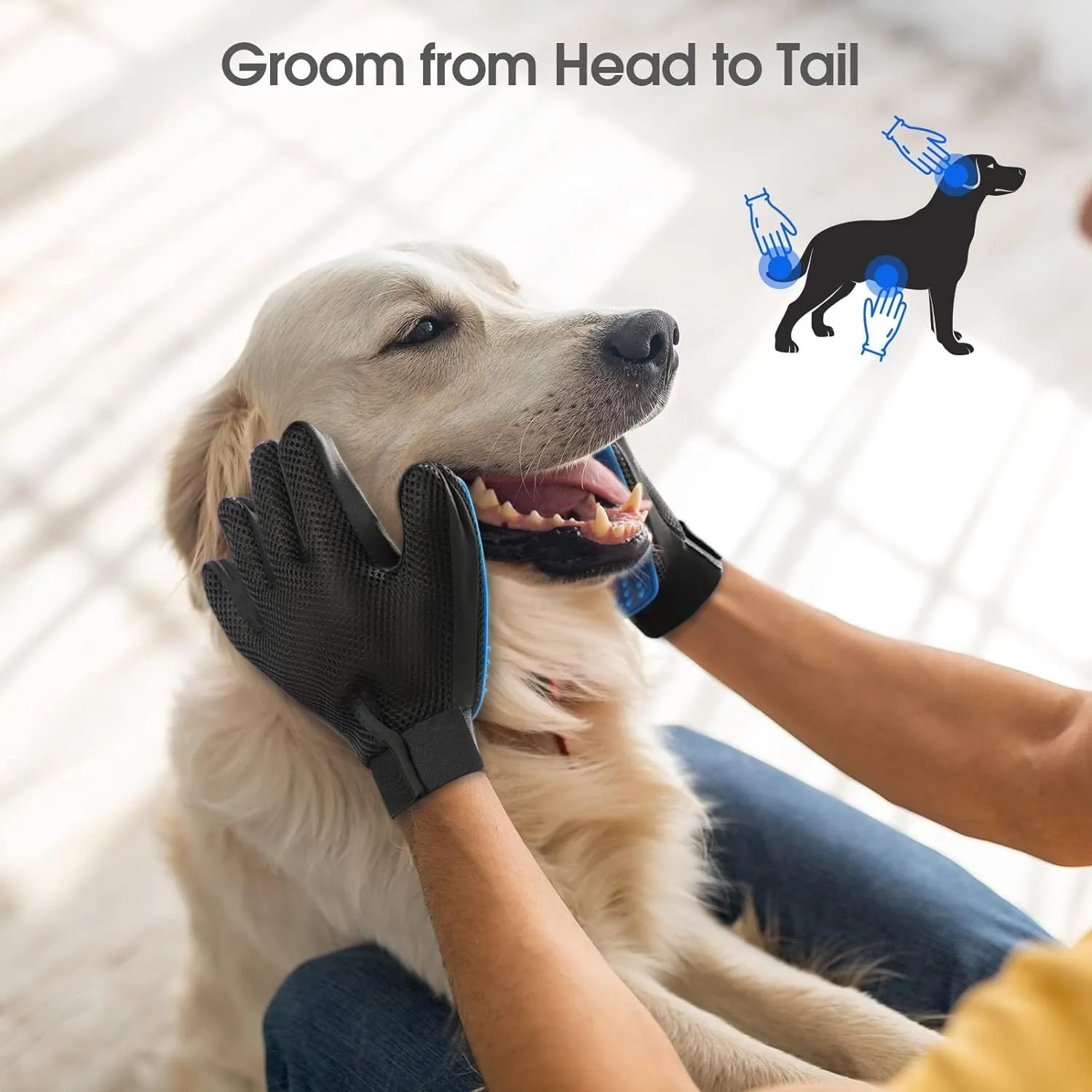 Blue pet grooming gloves with silicone grooming tips for dogs cats and horses