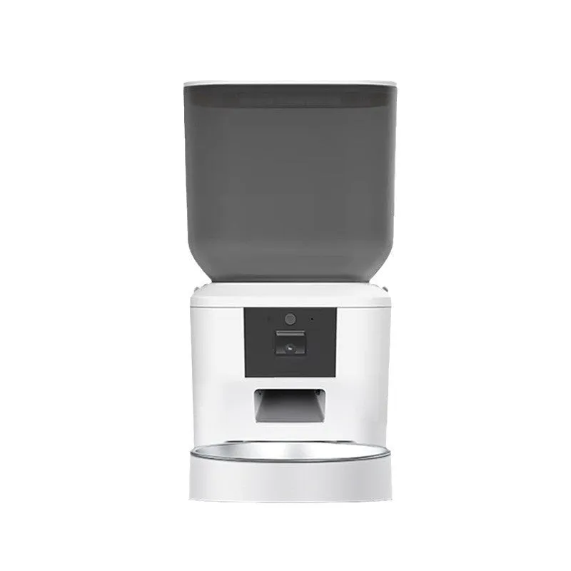 Intelligent automatic pet feeder in white with remote video capability, large-capacity bowl, and feeding tray
