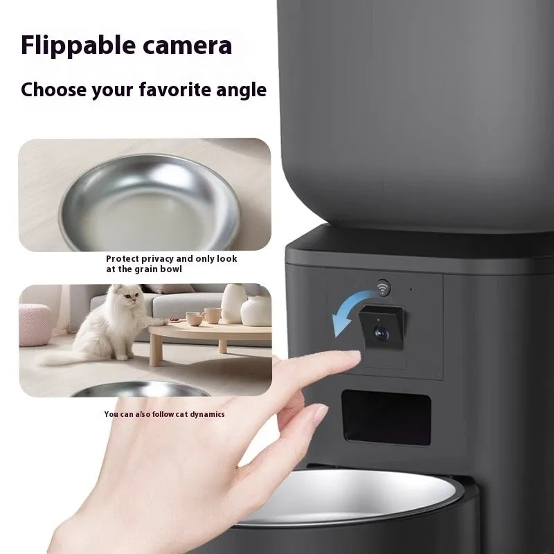 Intelligent automatic pet feeder in white with remote video capability, large-capacity bowl, and feeding tray