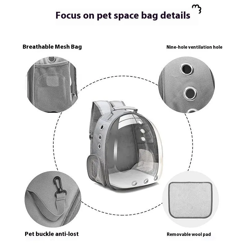 Portable transparent cat backpack in solid grey colour, Oxford material, 20L capacity for pet travel