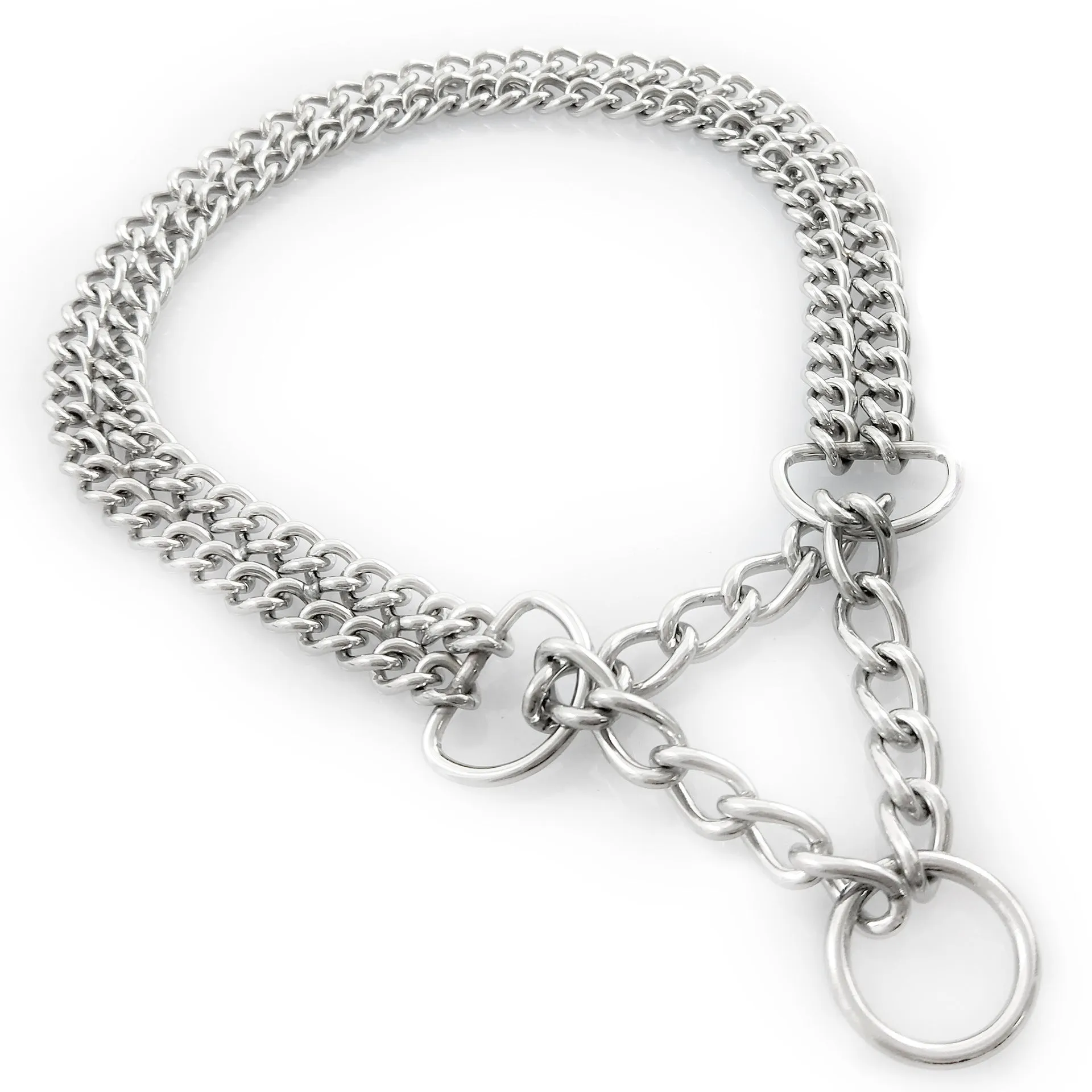 304 stainless steel explosion-proof pet collar in steel colour on plain background showing chain link structure