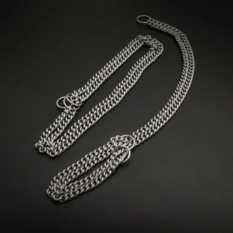 304 stainless steel explosion-proof pet collar in steel colour on plain background showing chain link structure