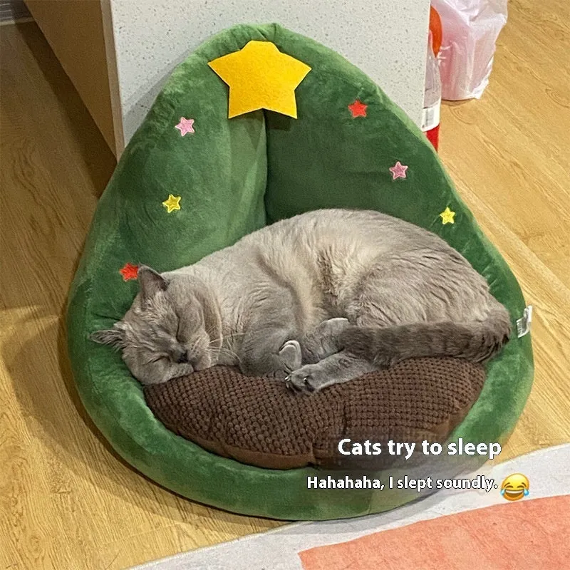 Cat nest with wooden frame in hug design, Christmas tree pattern, size 48x38cm