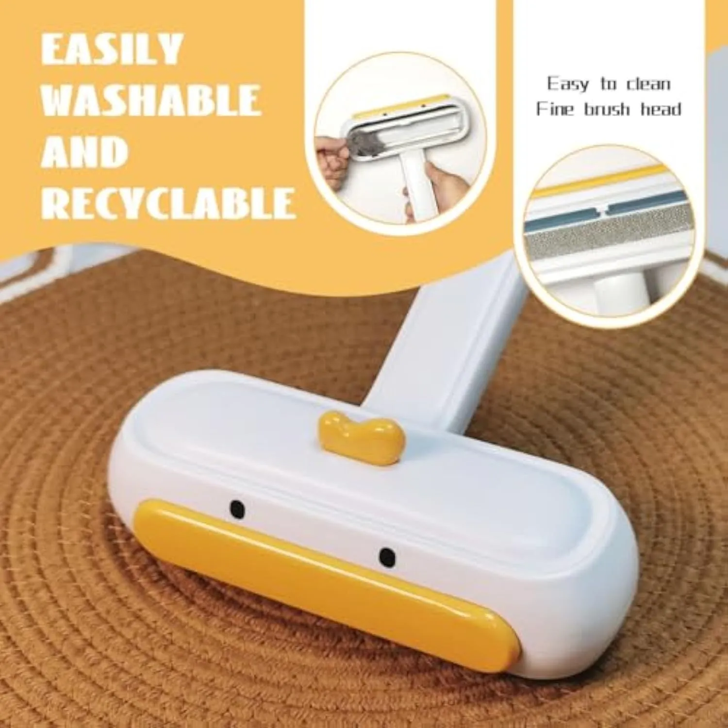 Manual pet hair remover tool with yellow duck design and polyester bristles