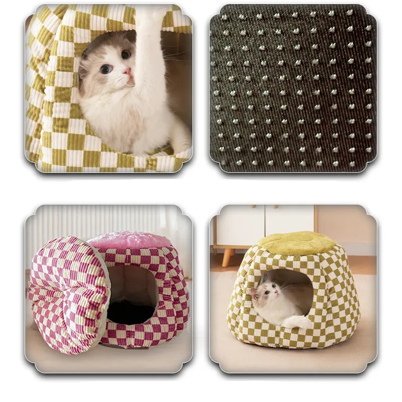 Closed cat kennel in green made from drawing flannel with PP cotton filling, 48 x 48 cm size, for cats up to 7 kg