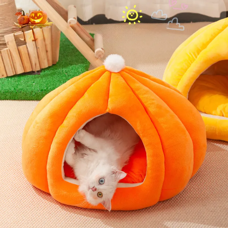 Cat litter winter warm closed pumpkin kennel with high elastic PP cotton in orange colour size L