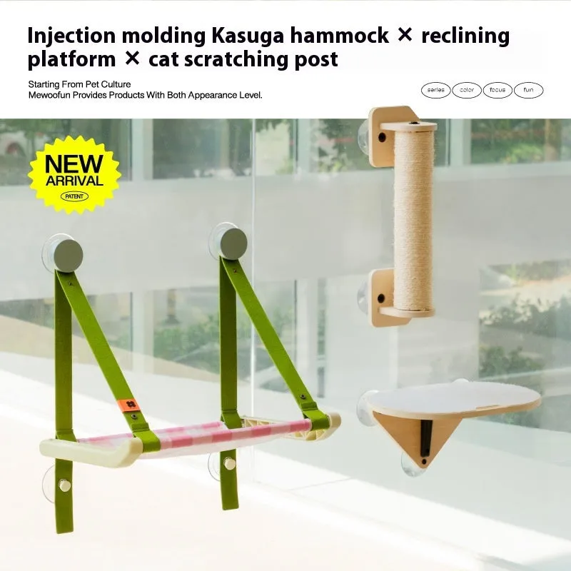 Cat hammock window sucker on glass balcony with metal frame in modern simplicity style