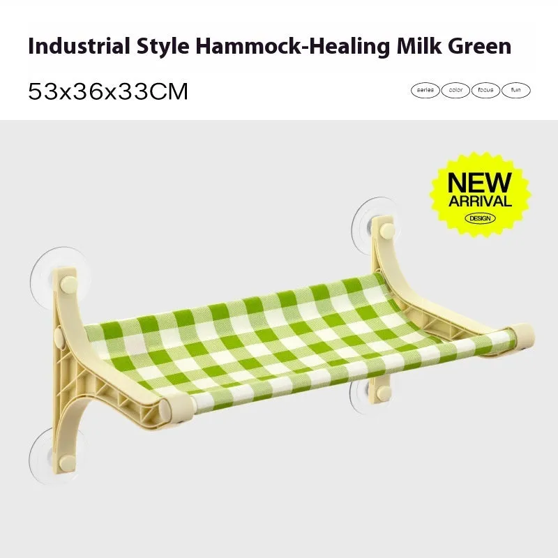 Cat hammock window sucker on glass balcony with metal frame in modern simplicity style