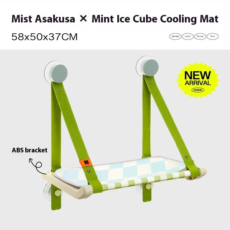 Cat hammock window sucker on glass balcony with metal frame in modern simplicity style