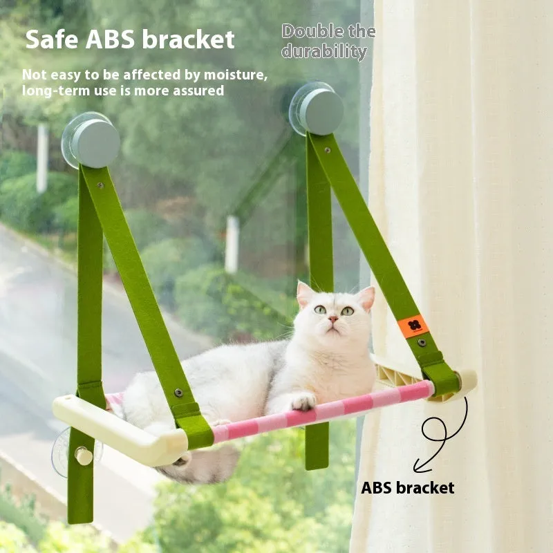Cat hammock window sucker on glass balcony with metal frame in modern simplicity style