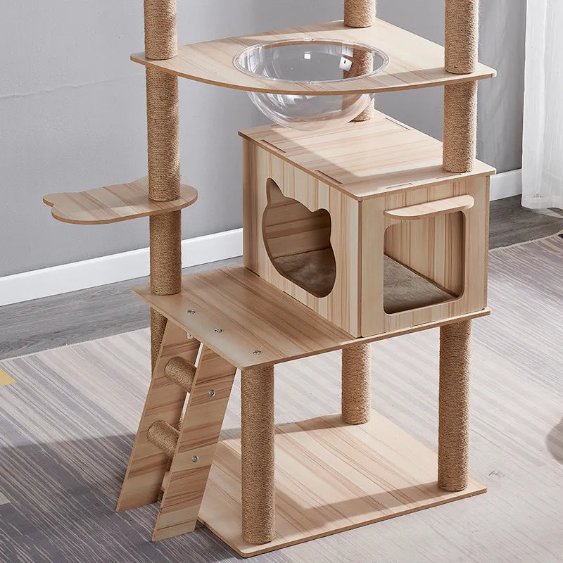 Plush cat climbing frame with nest and scratch board in indoor setting