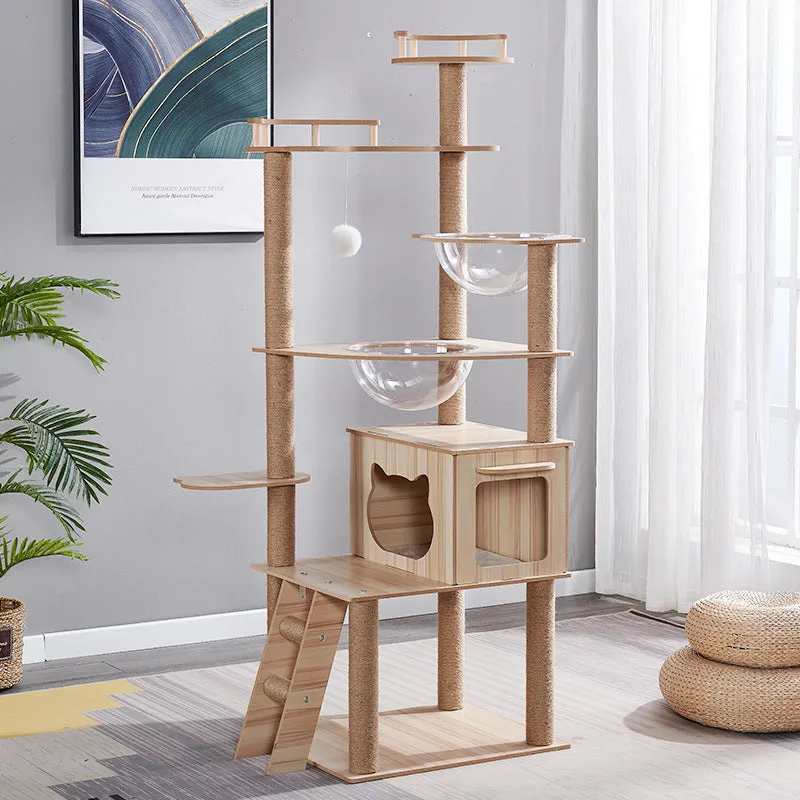 Plush cat climbing frame with nest and scratch board in indoor setting