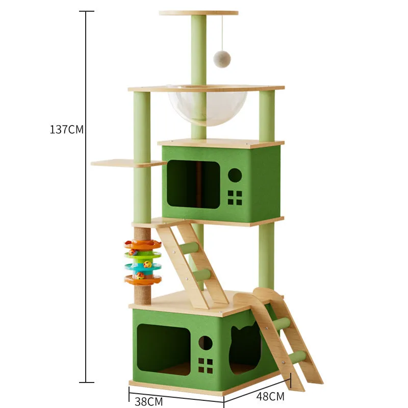 Plush cat climbing frame with nest and scratch board in indoor setting