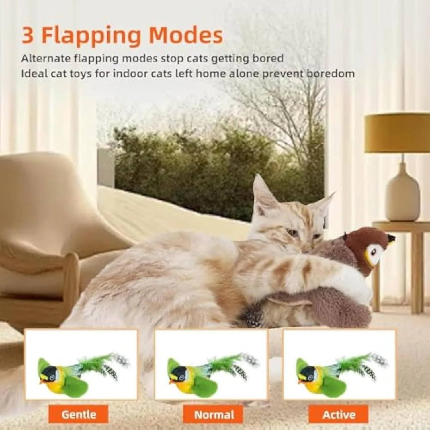 Flappy Chase interactive cat toy with flapping wings and chirping sound in blue colour
