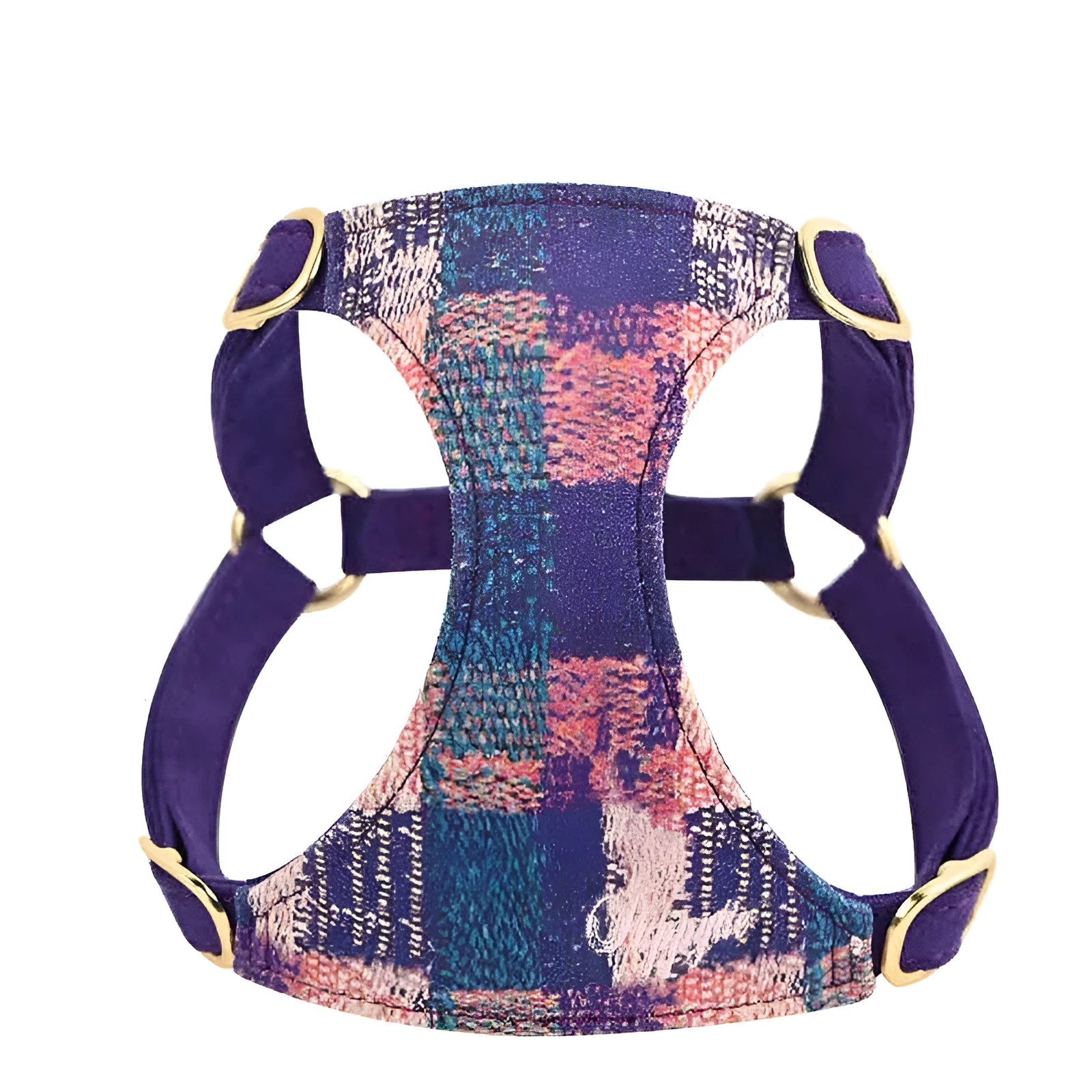 Dog hand holding rope vest walking harness in Dark Night Blue with traction rope on a small dog