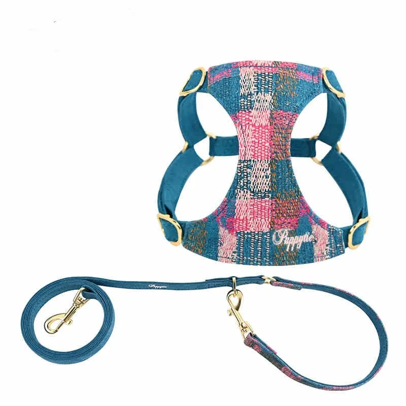 Dog hand holding rope vest walking harness in Dark Night Blue with traction rope on a small dog