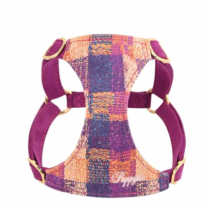 Dog hand holding rope vest walking harness in Dark Night Blue with traction rope on a small dog
