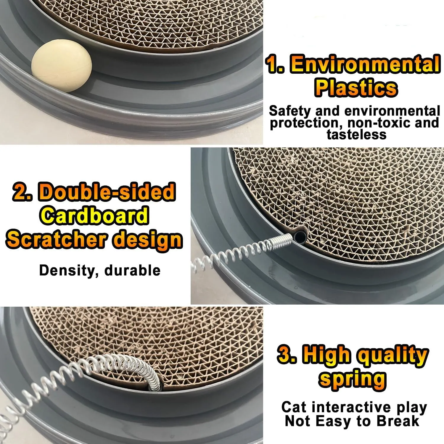 Blue interactive cat scratcher with ball track and replaceable scratch pad measuring 40cm square