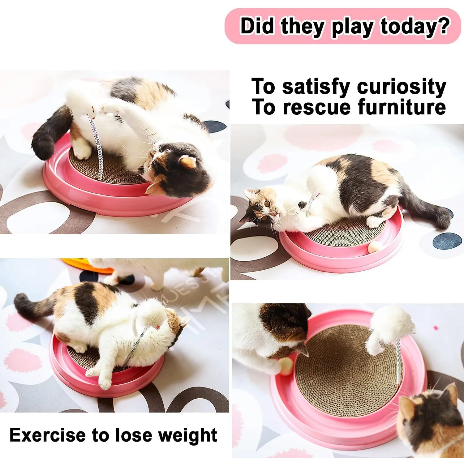 Blue interactive cat scratcher with ball track and replaceable scratch pad measuring 40cm square