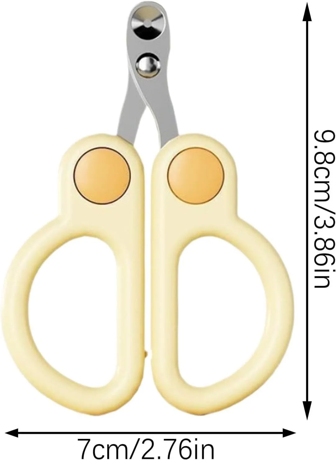 Pet nail clippers with round hole design, stainless steel blades, and ergonomic handles. Available in green or yellow.