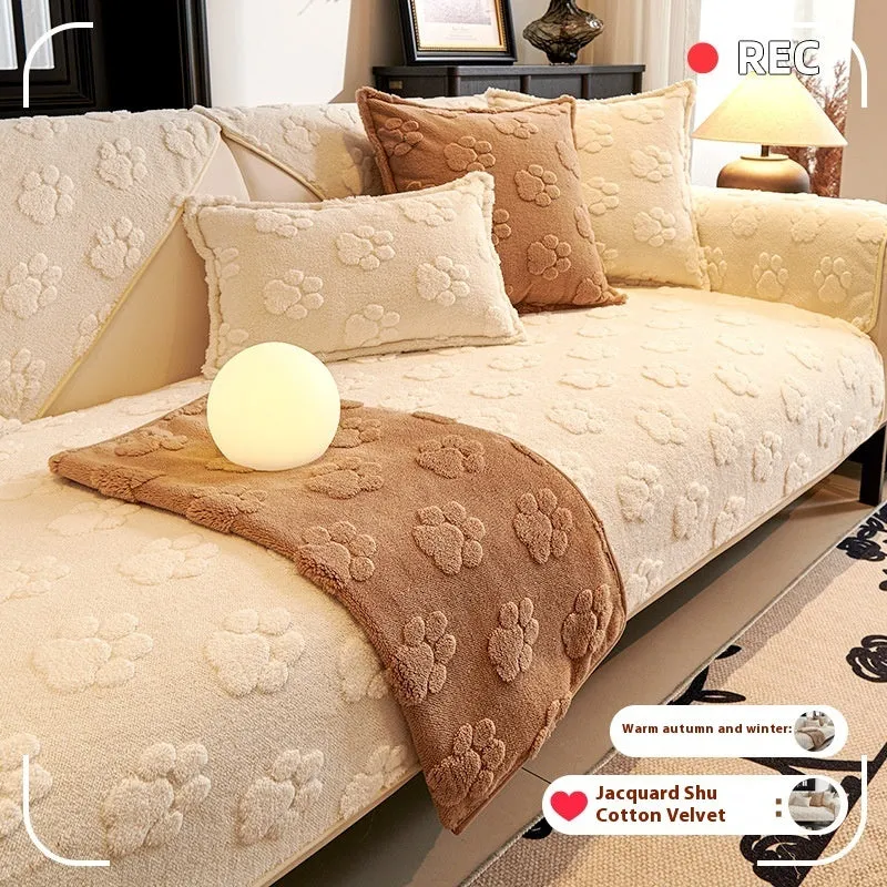Thickened fleece cream style non-slip sofa cushion in solid colour plush material for sofa protection