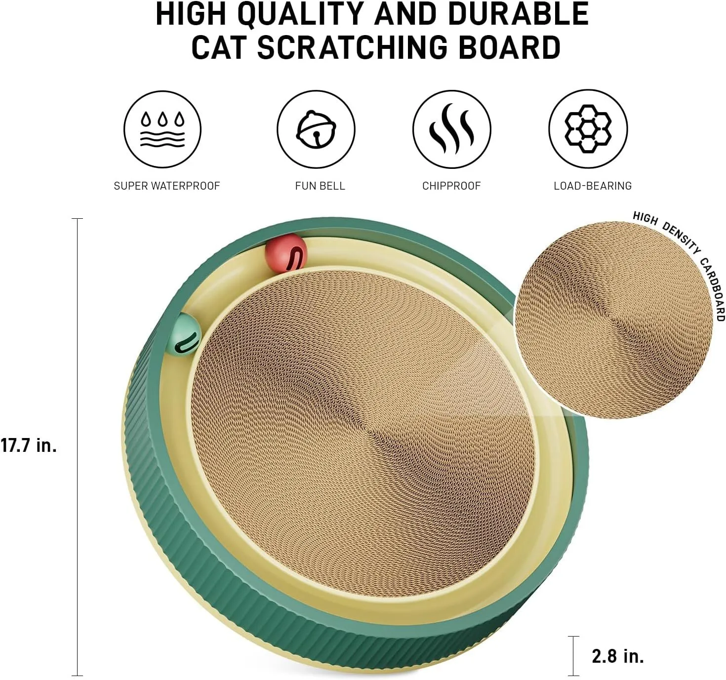Large green circular cardboard cat scratching board with three built-in ball toys on a white base.