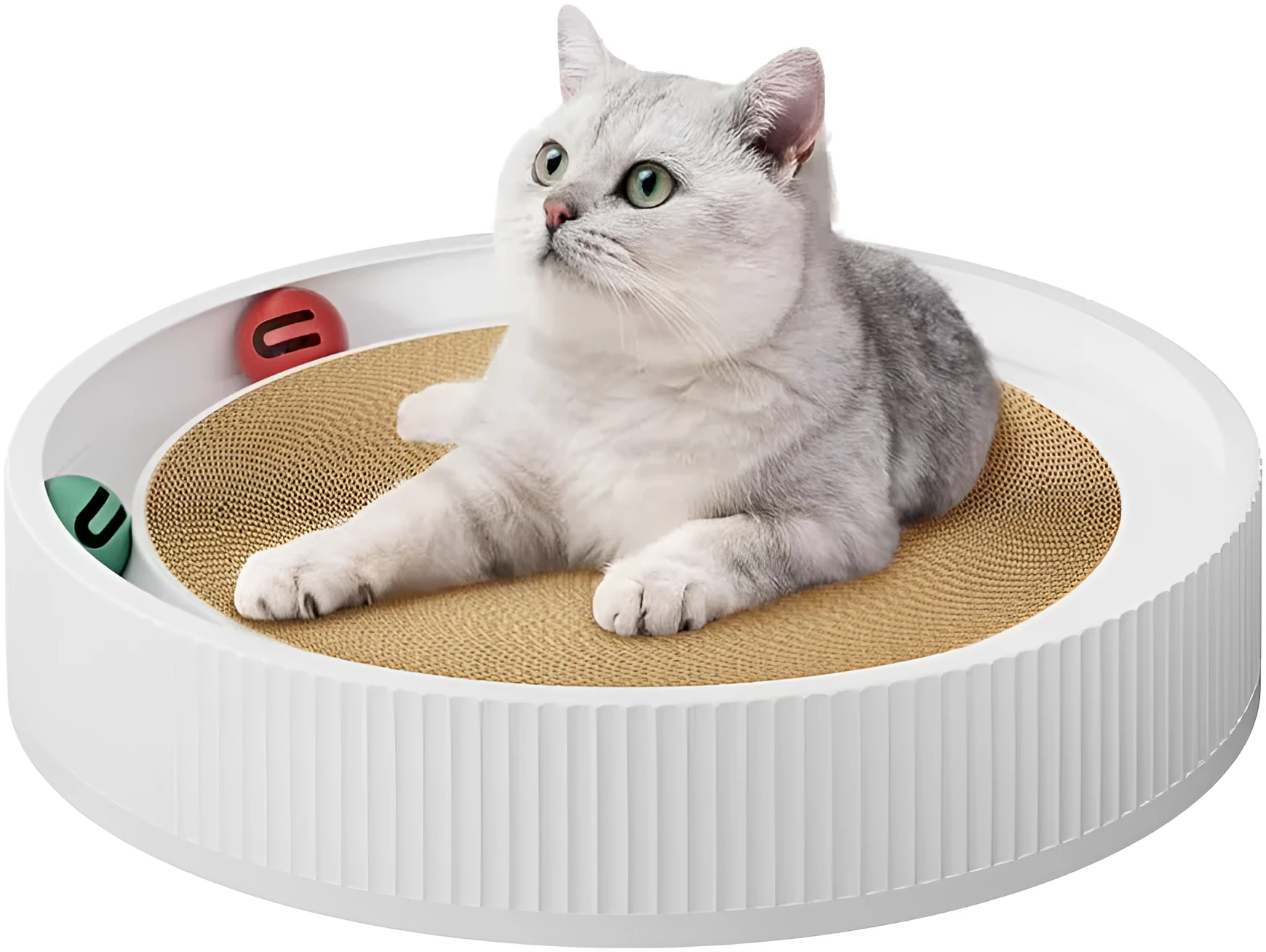 Large green circular cardboard cat scratching board with three built-in ball toys on a white base.
