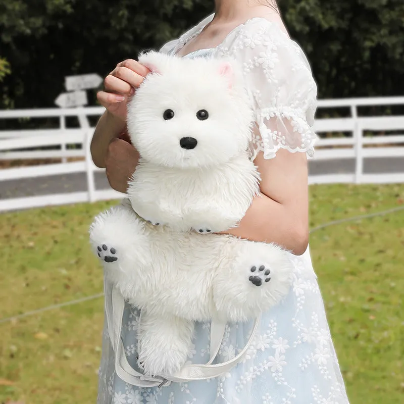 West Highland simulation plush dog with JK plaid pink scarf in colour box packaging