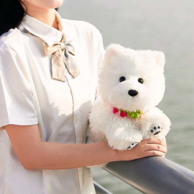 West Highland simulation plush dog with JK plaid pink scarf in colour box packaging
