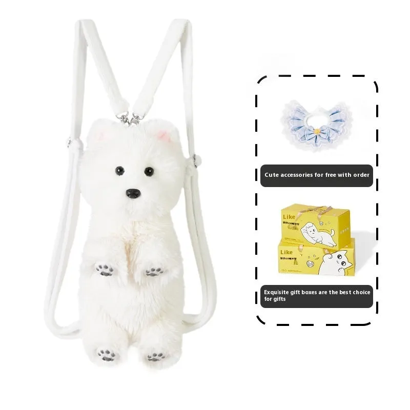 West Highland simulation plush dog with JK plaid pink scarf in colour box packaging