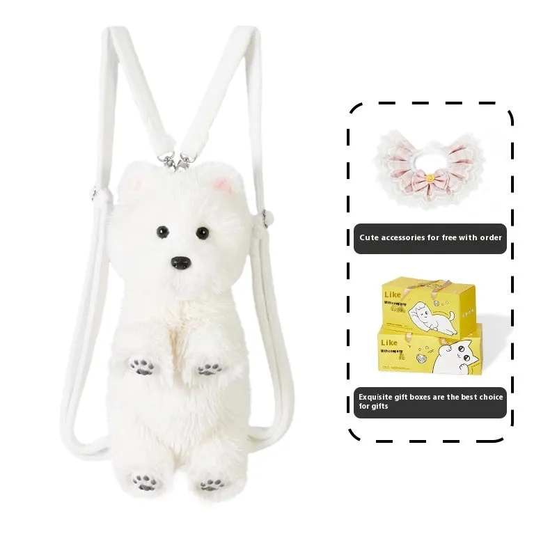 West Highland simulation plush dog with JK plaid pink scarf in colour box packaging