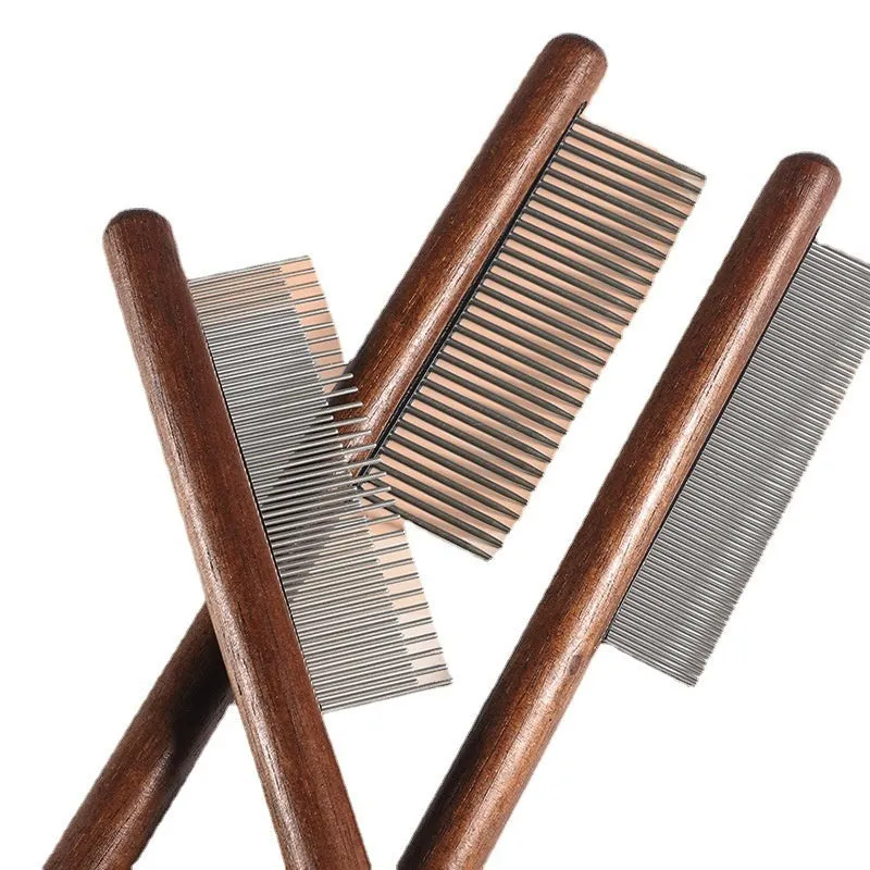 Stainless steel dense tooth flea comb for dogs and cats on a white background