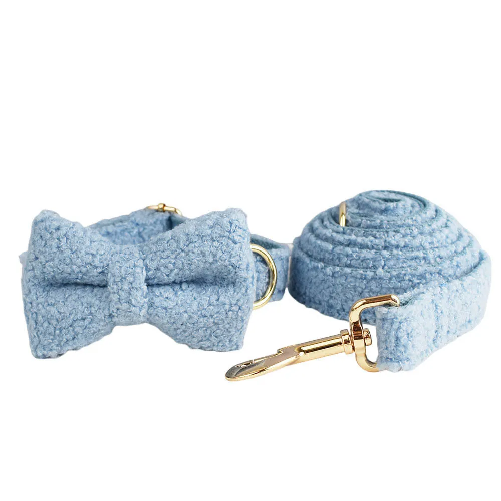 Blue teddy bear dog collar set with matching leash, bow, and vest on a pet