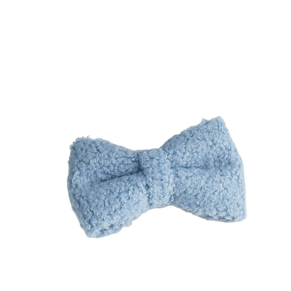 Blue teddy bear dog collar set with matching leash, bow, and vest on a pet