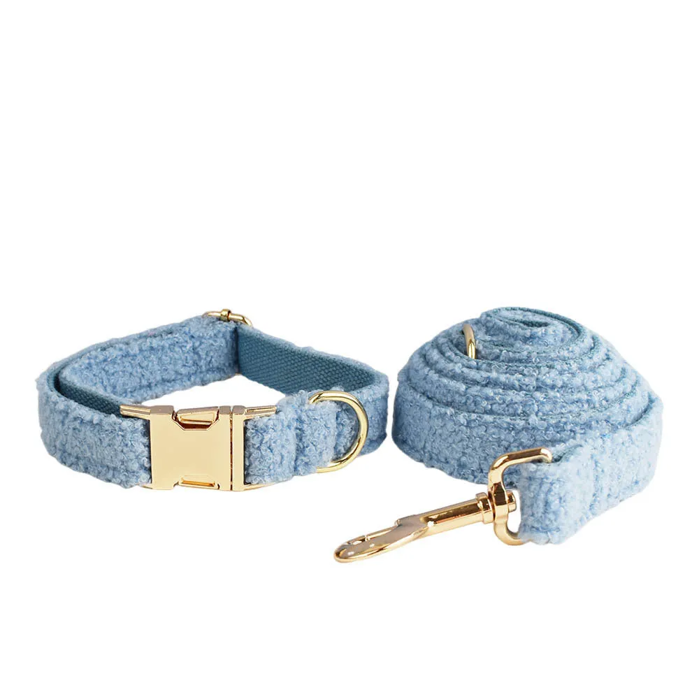 Blue teddy bear dog collar set with matching leash, bow, and vest on a pet