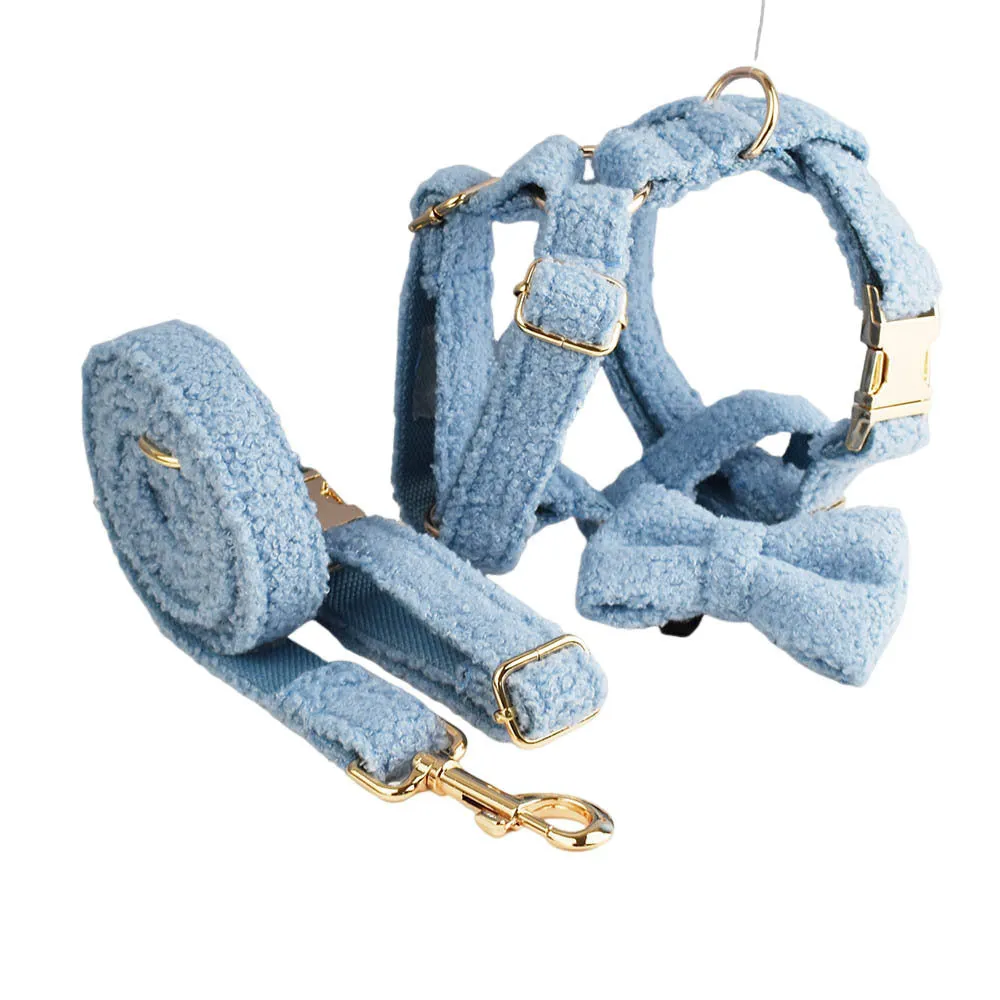 Blue teddy bear dog collar set with matching leash, bow, and vest on a pet