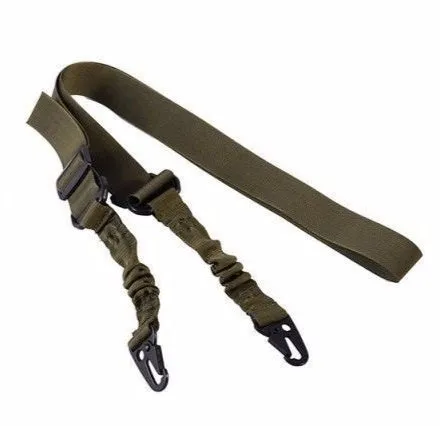 Black crossbody nylon survival tool placement rope with metal buckle and elastic tension adjustment on plain background