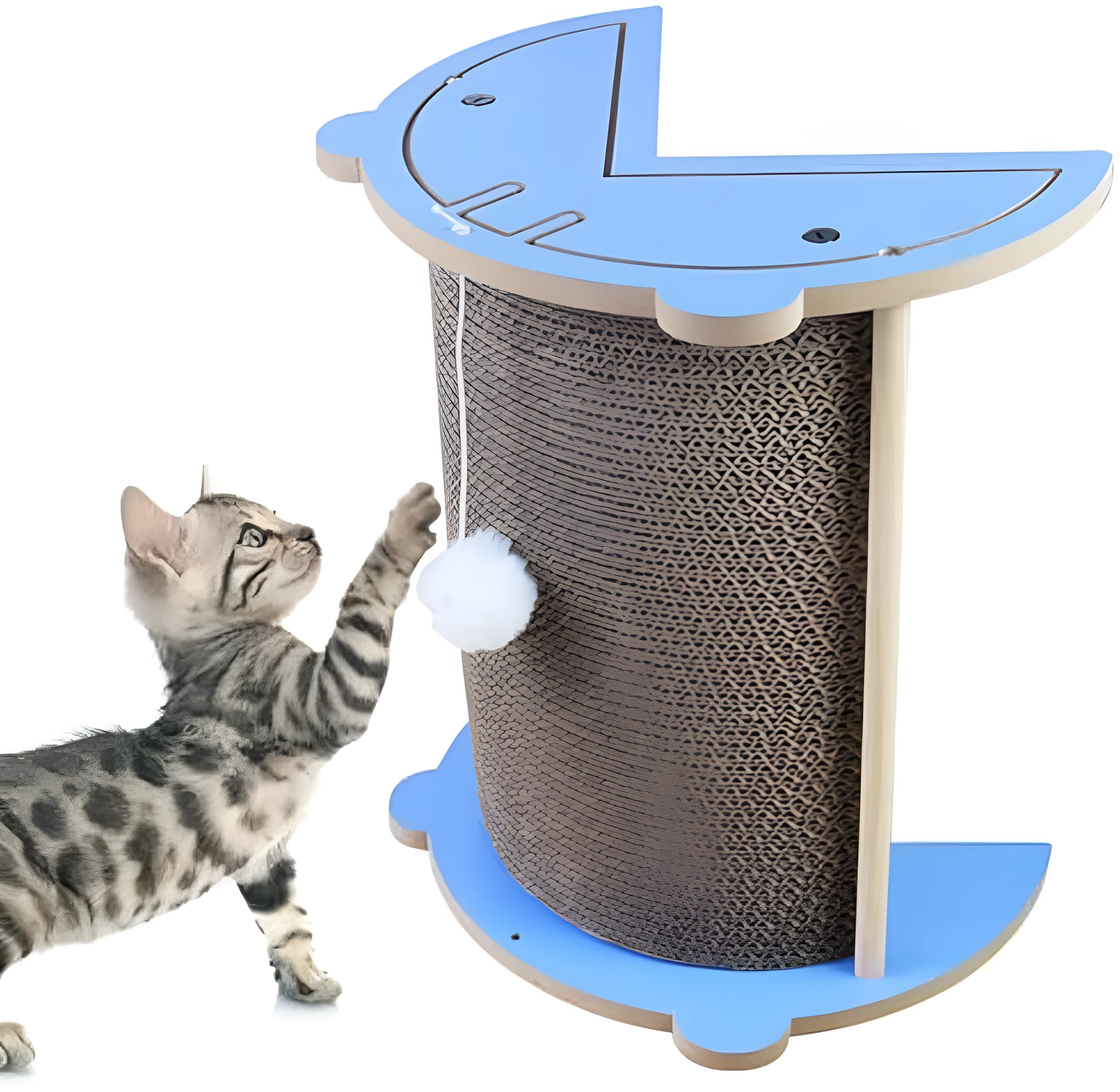Triangular cardboard cat scratching pad positioned in room corner with hanging ball