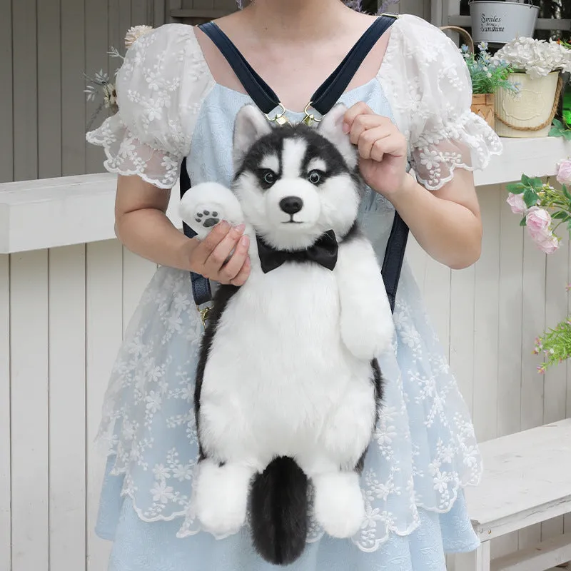 Husky plush simulation bag toy with a scarf in a colour gift box
