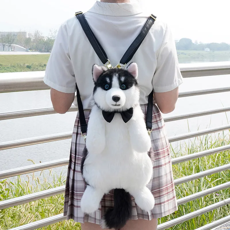 Husky plush simulation bag toy with a scarf in a colour gift box