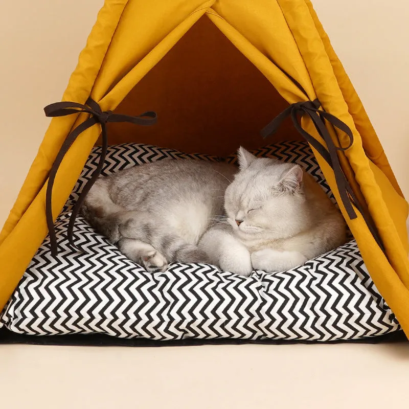 Sunset yellow cloth cat bed tent semi-enclosed with removable cover for washing, suitable for indoor cats