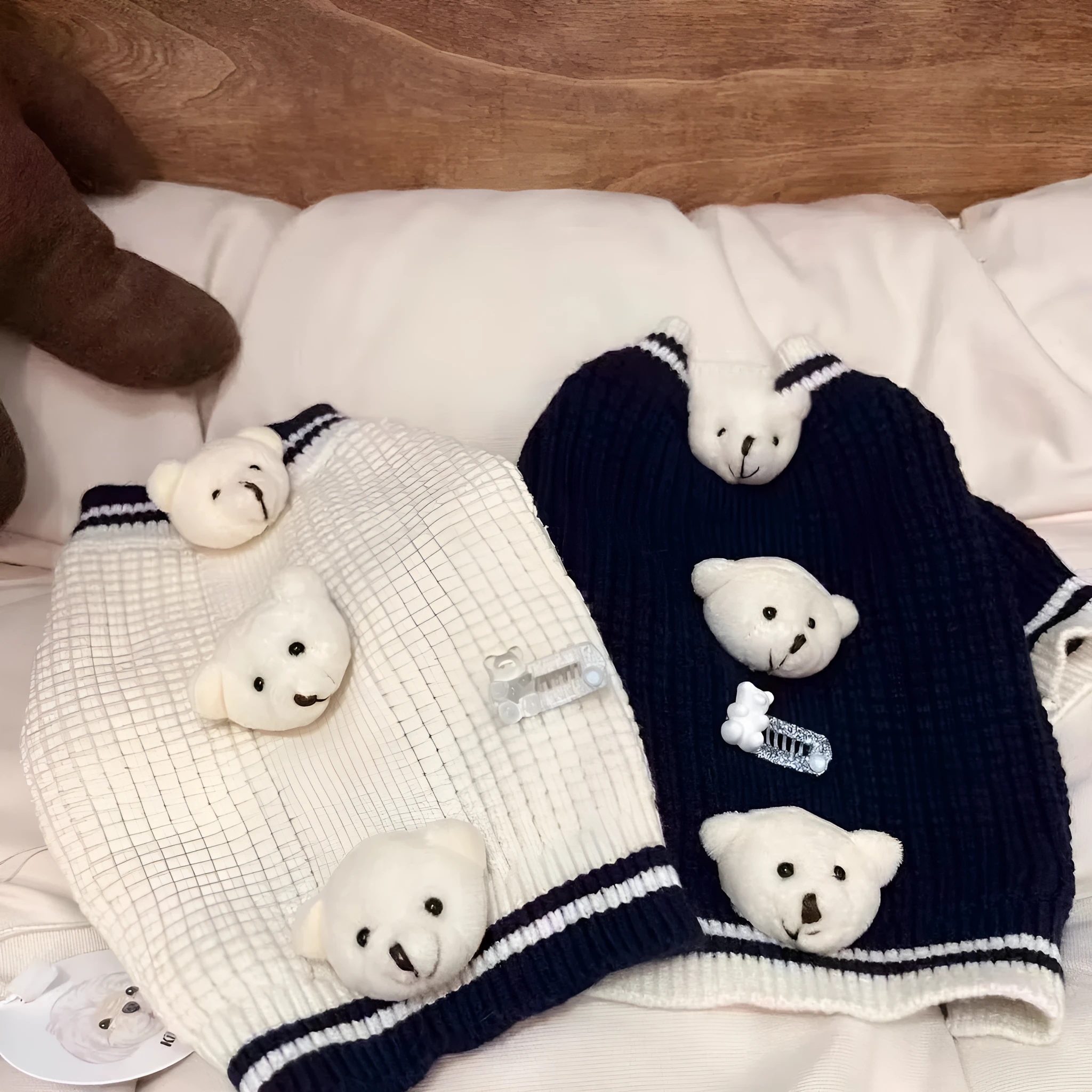 Pet cat spring sweater in navy blue polyester knit on a small cat, size M, side view
