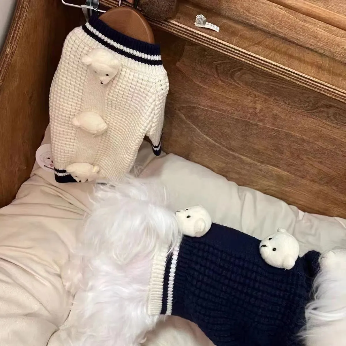 Pet cat spring sweater in navy blue polyester knit on a small cat, size M, side view