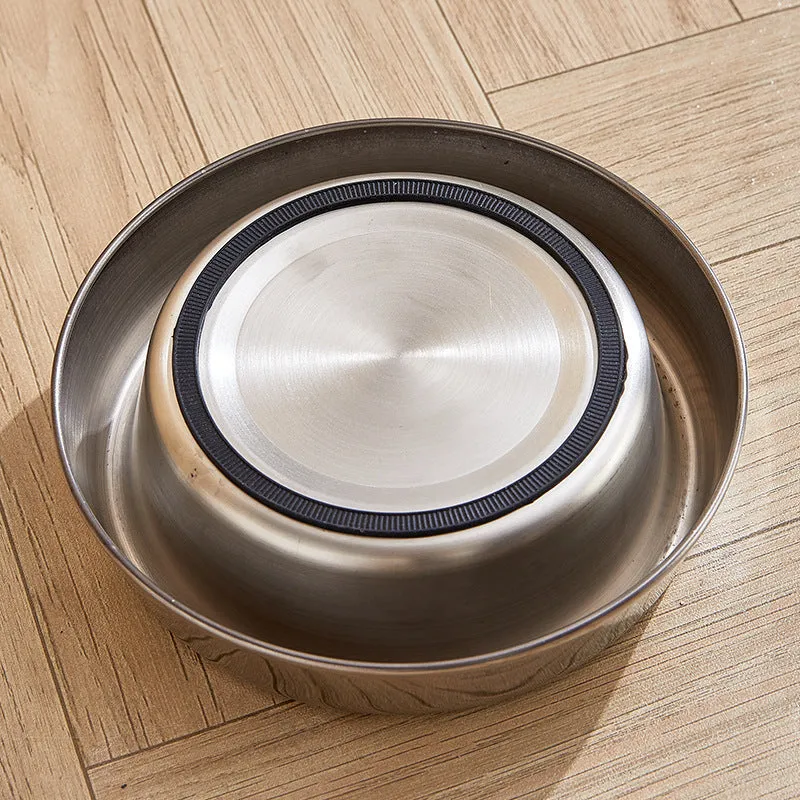 Thick stainless steel pet bowl with non-slip base, anti-fall rim, and bite-resistant construction