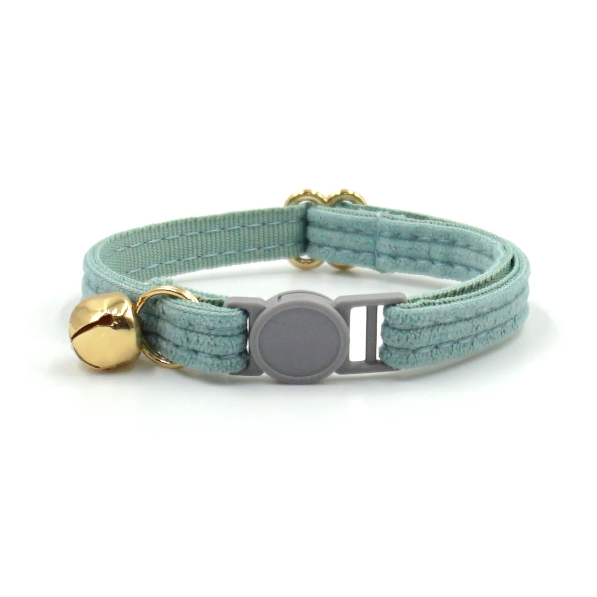 Cat collar with safety buckle and bell, available in corduroy or velvet, in multiple colours for small cats.