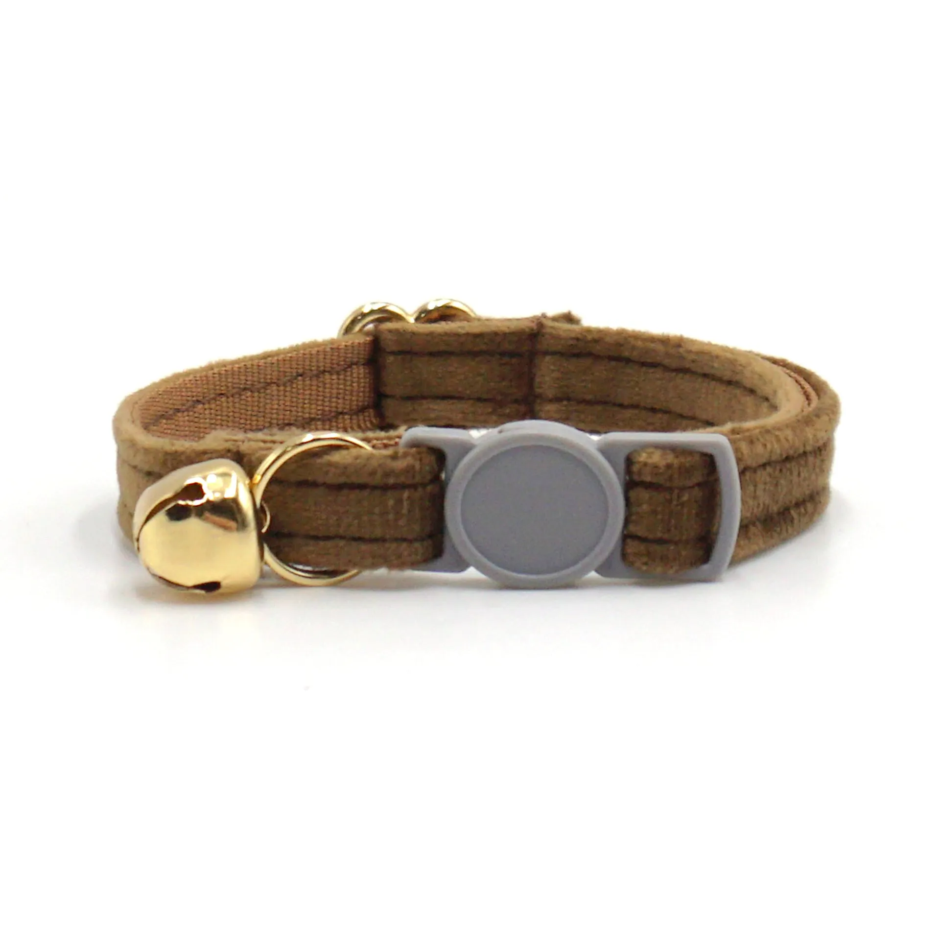 Cat collar with safety buckle and bell, available in corduroy or velvet, in multiple colours for small cats.