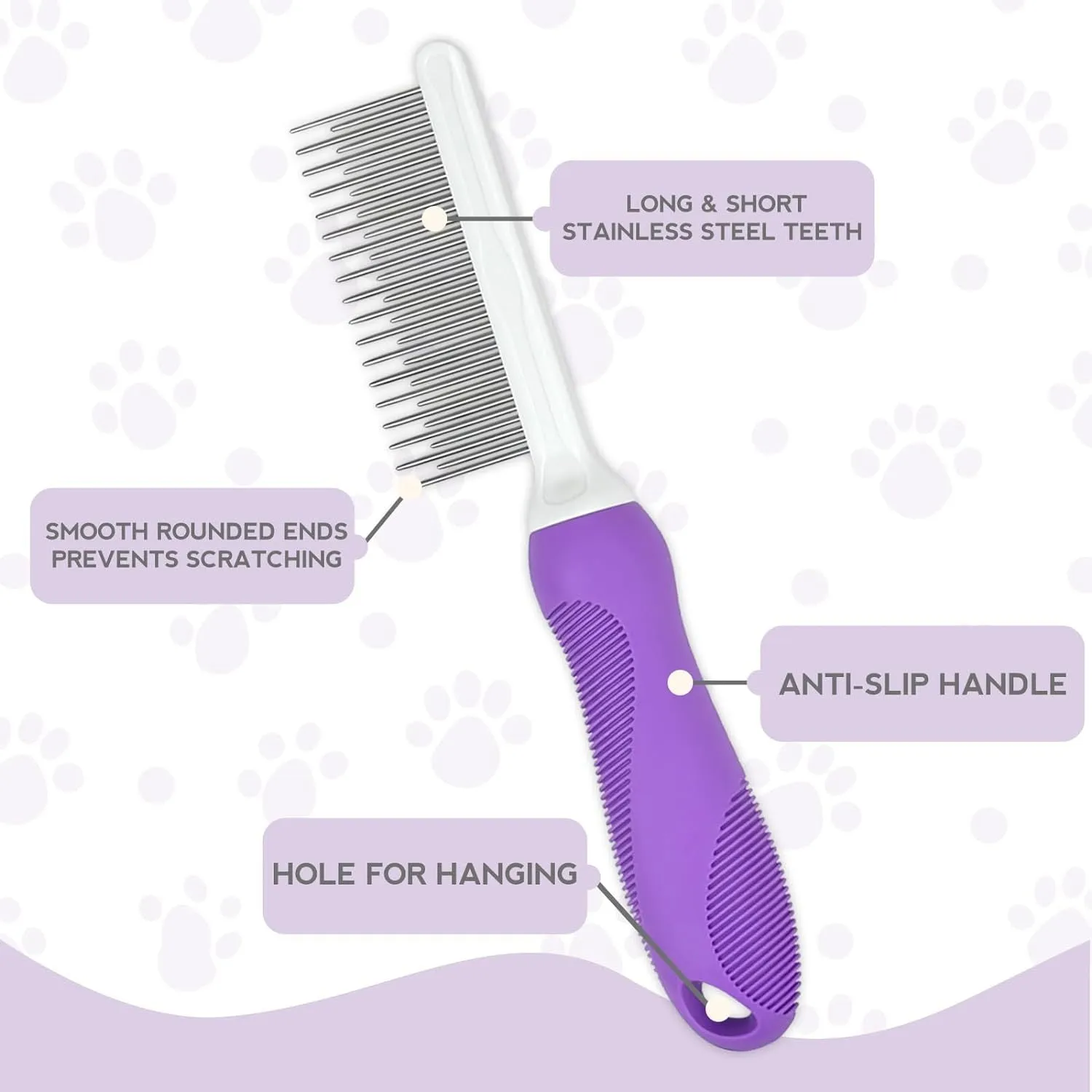 Purple pet detangling comb with stainless steel teeth and ergonomic handle on white background.