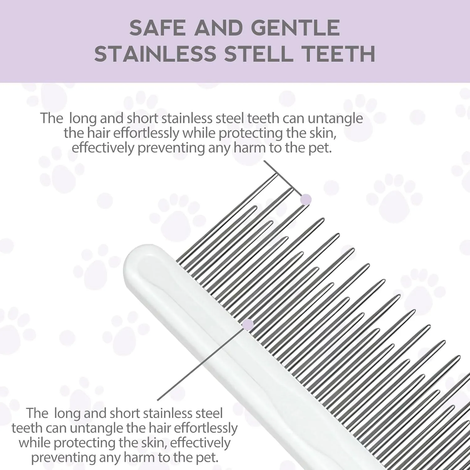 Purple pet detangling comb with stainless steel teeth and ergonomic handle on white background.